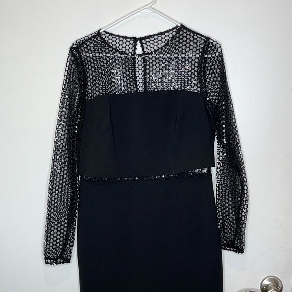 Aidan By Adrianna Papell Black Mesh Long Sleeve Sheath Dress Size 12 - Picture 4 of 9
